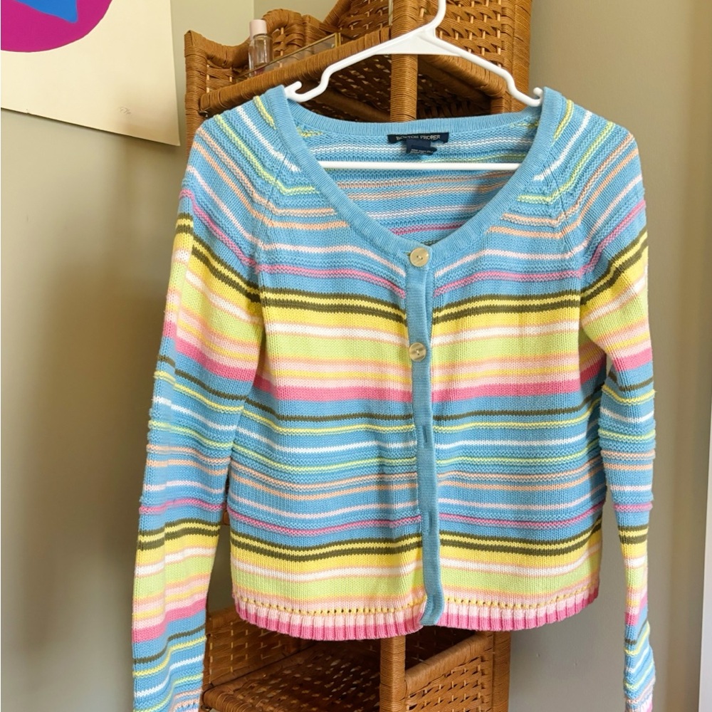 Boston Proper Sweater Cardigan, Striped Rainbow Pastel, Women’s Small